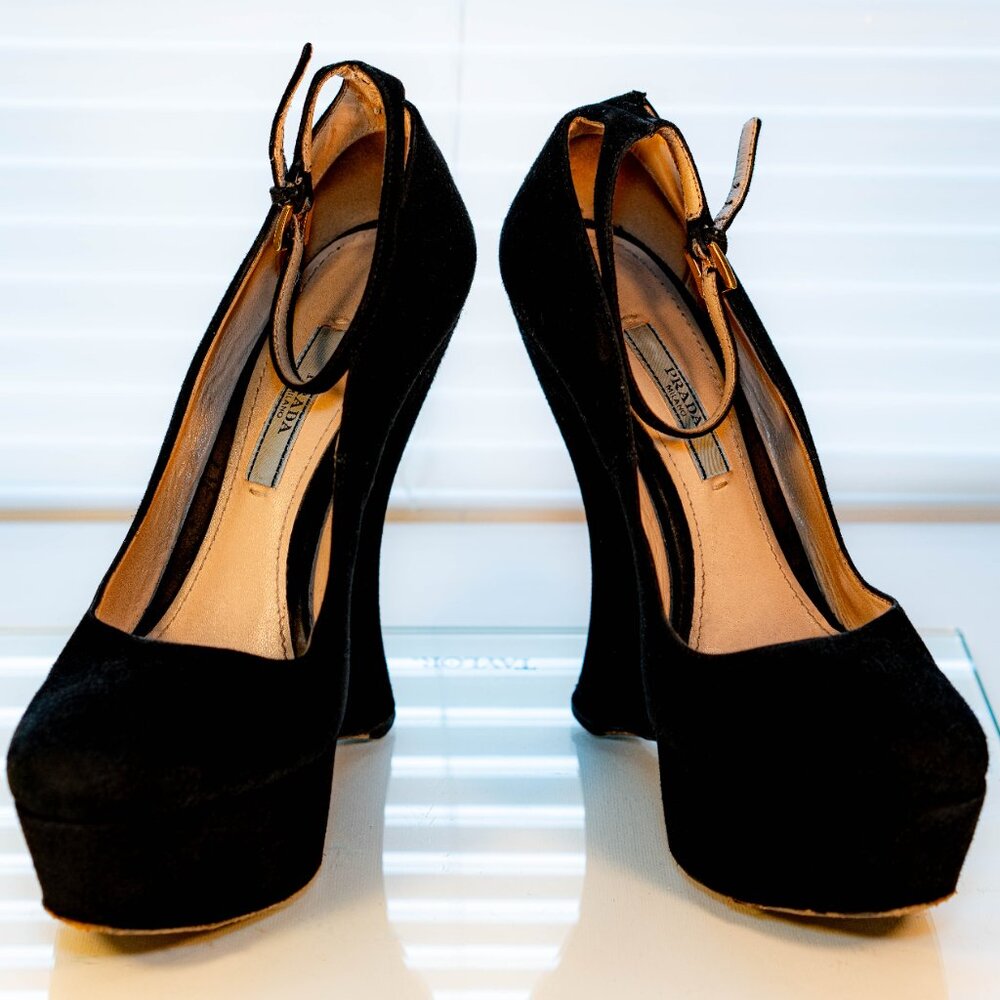 PRADA Women Black Pumps Suede Solid Ankle Strap Wedge High Heels Shoes EU 37